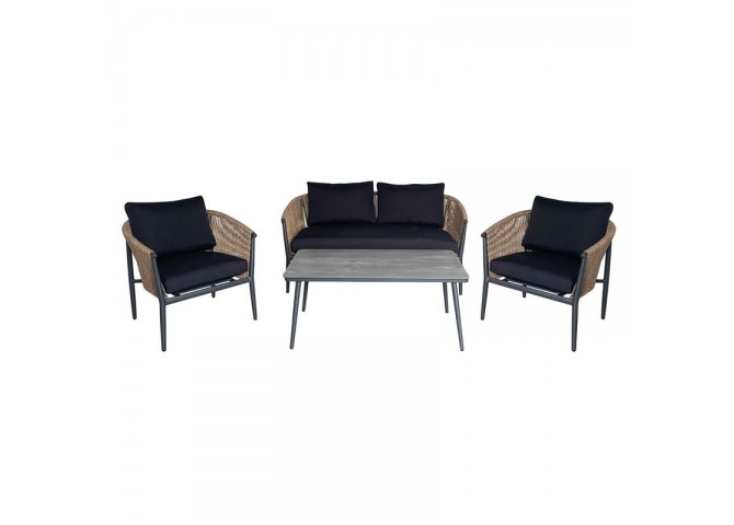 GASBA Set (4pcs) Alu Anthracite/Rope Wicker Natural/Cushions Dark Grey