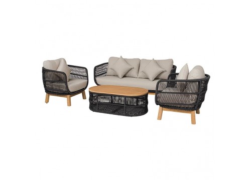 MARK Set (4pcs) Acacia Natural, Rope Wicker Black, Cushions Beige