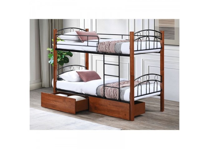 NORTON Double Deck Bed - 2 Drawers 90x190 Metal Black/Wood Walnut