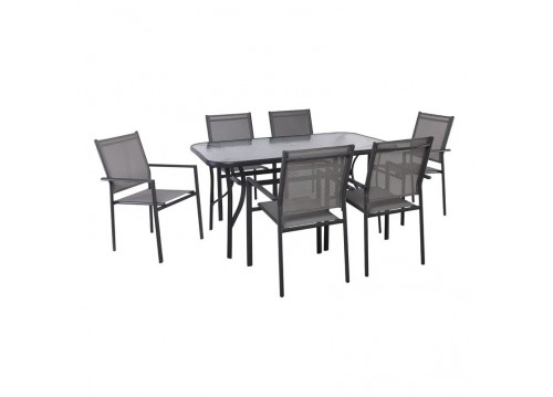 LANSON Set (Table 140x80+6 Armchairs) Metal Dark Grey/Textilene Grey