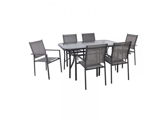 LANSON Set (Table 150x90+6 Armchairs) Metal Dark Grey/Textilene Grey
