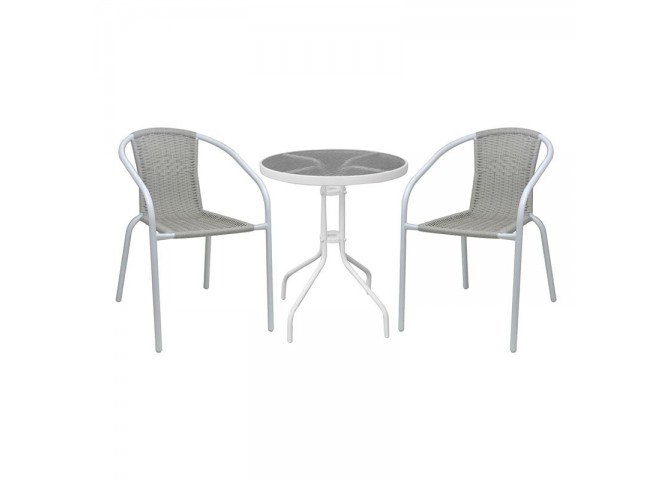 BALENO-W Set (Table D60cm+2 Armchairs) Metal White/Beige Wicker