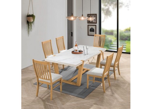 COMET Set (Table 200x100+6 Chairs) Natural, MDF White Marble, Fabric White