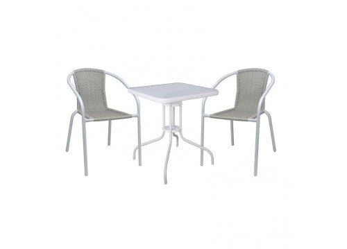 BALENO-W Set (Table 70x70cm+2 Armchairs) Metal White/Beige Wicker
