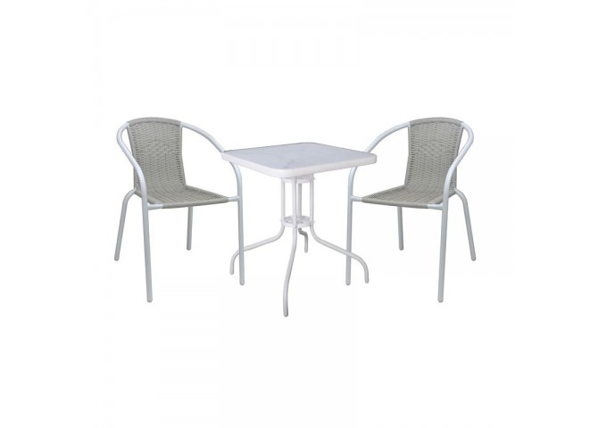 BALENO-W Set (Table 70x70cm+2 Armchairs) Metal White/Beige Wicker