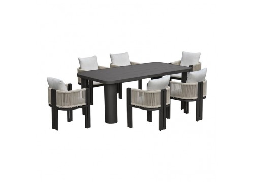 BOSTON Dining Set (Table 200x100cm+6 Armchairs) Alu Anthracite/Rope Wicker Beige