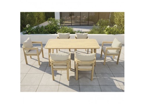 FLORIDA Dining Set (Table 180x90cm+6 Armchairs) Acacia, Cushions Beige