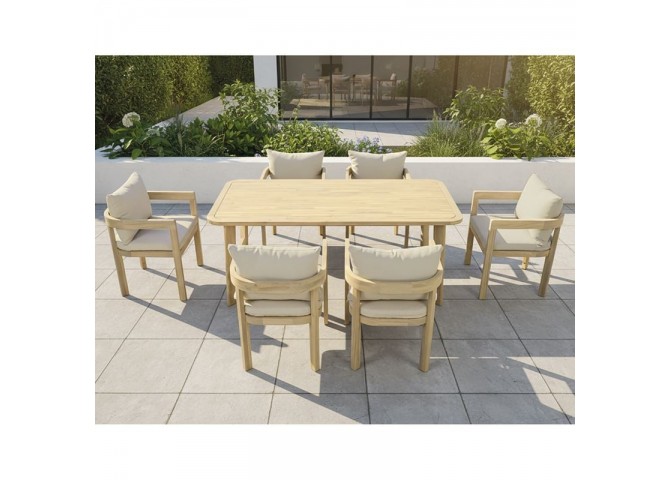 FLORIDA Dining Set (Table 180x90cm+6 Armchairs) Acacia, Cushions Beige