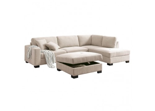DORNO Right Facing Corner Sofa with Storage Ottoman, Fabric Beige