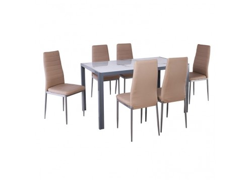 JETTA-DEGO Set (Table 140x80+6 Chair) Metal Grey/Glass White Marble/PVC Beige
