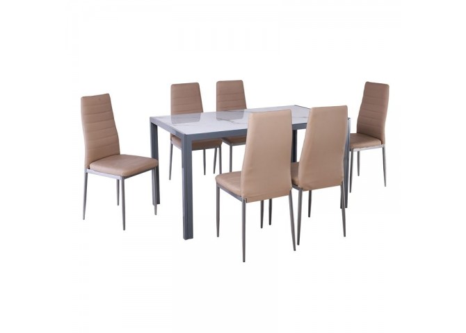 JETTA-DEGO Set (Table 140x80+6 Chair) Metal Grey/Glass White Marble/PVC Beige