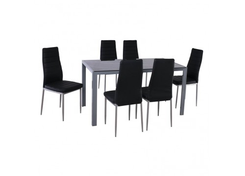 JETTA-DEGO Set (Table 140x80+6 Chair) Metal Grey/Glass Black Marble/PVC Black
