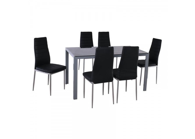 JETTA-DEGO Set (Table 140x80+6 Chair) Metal Grey/Glass Black Marble/PVC Black