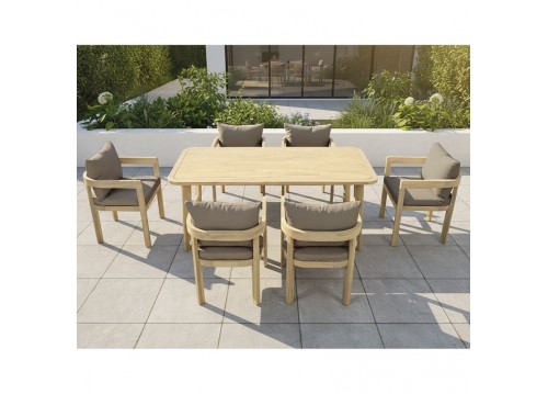 FLORIDA Dining Set (Table 180x90cm+6 Armchairs) Acacia, Cushions Cappuccino