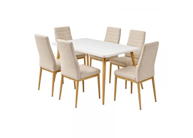 JETTA-UNION Set (Table 130x80+6 Chair) Glass MilkyWhite/Natural Paint/Beige Fabr