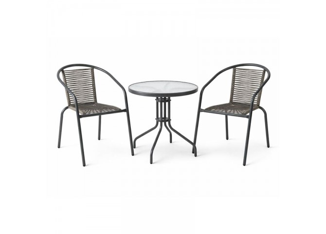 MIKA Set (Table D.60cm+2 Armchairs) Metal Anthracite/PE Rattan Grey