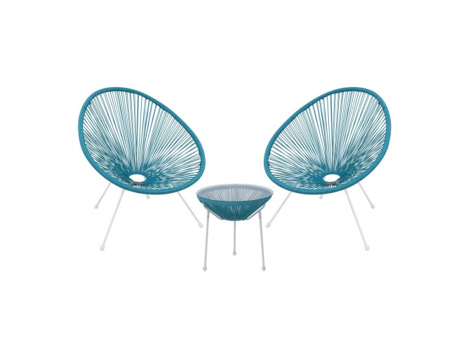Set (Τραπ+2 Πολ) Μετ.Άσπρο, Plastic Rattan Μπλε Τρ.D50x50cm/Πολ.73x76x89cm