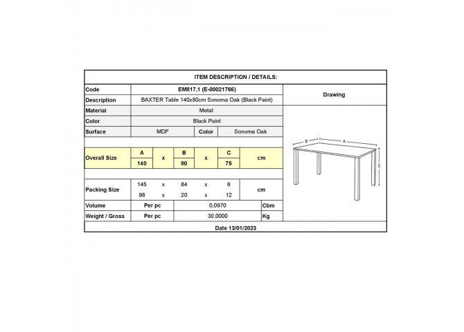 Τραπέζι Sonoma Oak/Βαφή Μαύρη 140x80x75cm