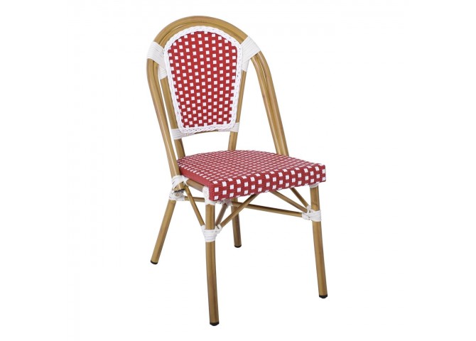 PARIS Καρέκλα Bistro, Αλουμίνιο Φυσικό, Wicker Άσπρο - Κόκκινο, Στοιβαζόμενη