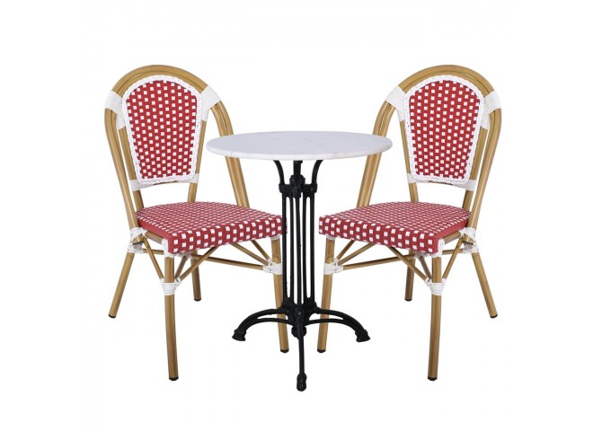 PARIS Καρέκλα Bistro, Αλουμίνιο Φυσικό, Wicker Άσπρο - Κόκκινο, Στοιβαζόμενη