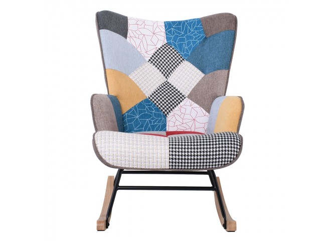 ALMA Rocking Πολυθρόνα Μπερζέρα Καθιστικού, Ύφασμα Patchwork, Βάση Μαύρο-Φυσικό