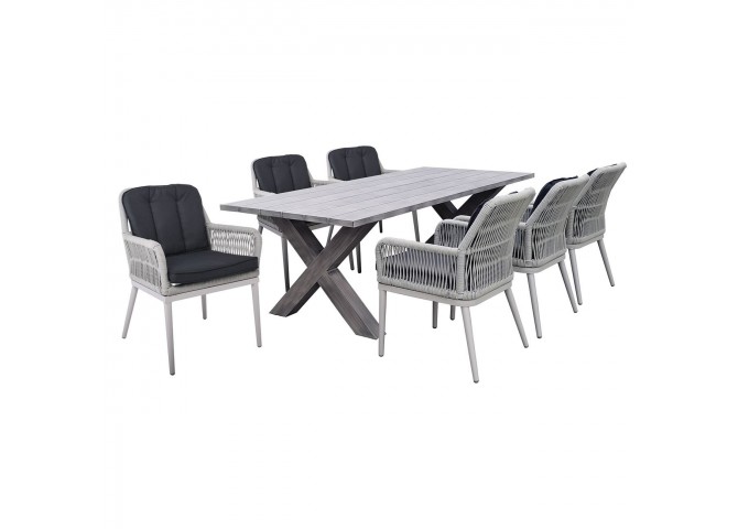 ALLEY Set Τραπεζαρία Κήπου ALU & Rope Grey-Μαξιλ.Ανθρακί: Τραπέζι 180x94 + 6 Πολυθρόνες
