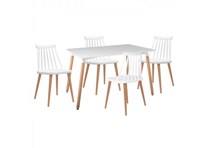 LAVIDA-ART Τραπεζαρία: Τραπέζι 120x80 Οξιά/MDF + 4 Καρέκλες Μέταλλο Βαφή Φυσικό PP Άσπρο