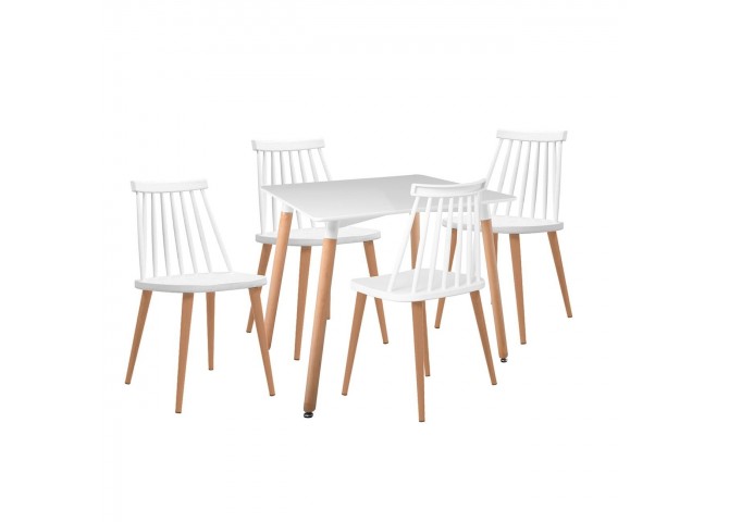 LAVIDA-ART Τραπεζαρία: Τραπέζι 80x80 Οξιά/MDF + 4 Καρέκλες Μέταλλο Βαφή Φυσικό PP Άσπρο