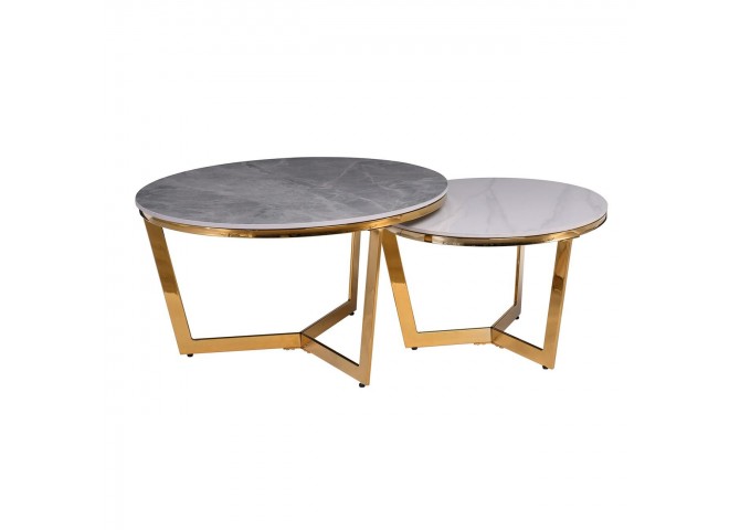 OTTO Set 2 Τραπεζάκια Σαλονιού , Χρώμιο Χρυσό, Sintered Stone Grey-White Marble