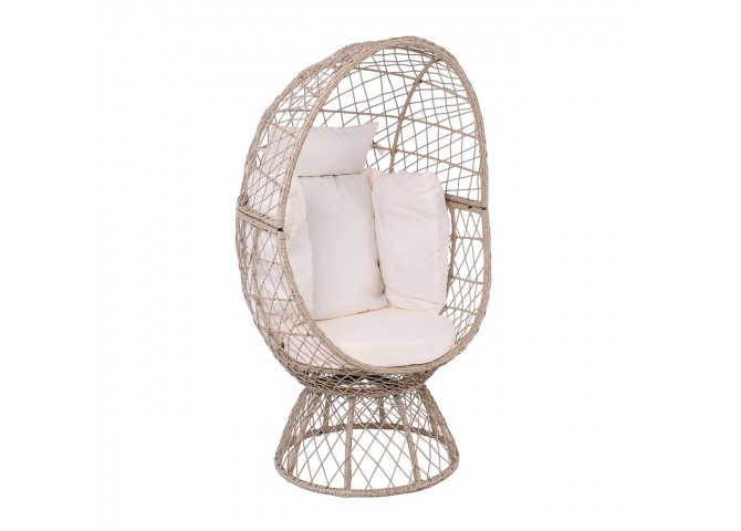 CROWN Πολυθρόνα Egg, Wicker Εκρού, Μαξιλάρι Άσπρο
