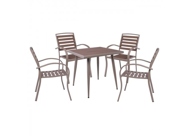 SERRANO Set Κήπου: Τραπέζι + 4 Πολυθρόνες, Μέταλλο Βαφή Sand Beige, Polywood Καρυδί