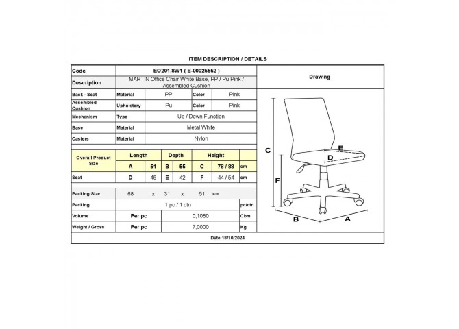 MARTIN Office Chair White Base, PP/Pu Pink (assembled cushion)