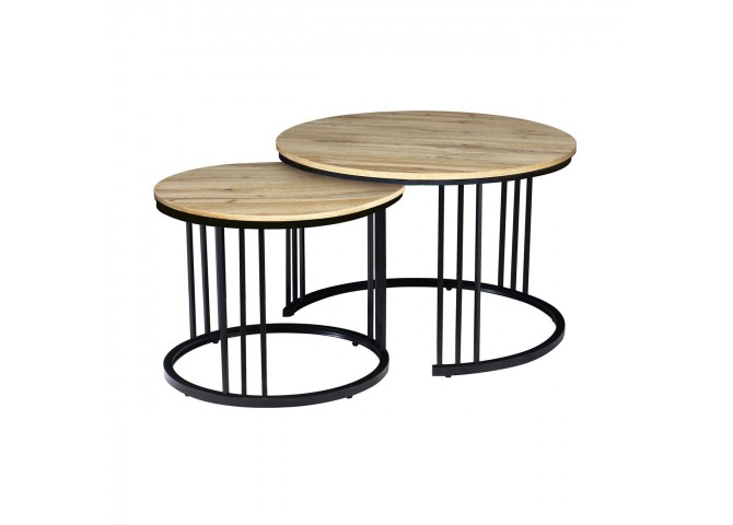 BOZZO Set-2 Coffee Tables D.50cm+D.70cm Metal Black/Mdf Sonoma