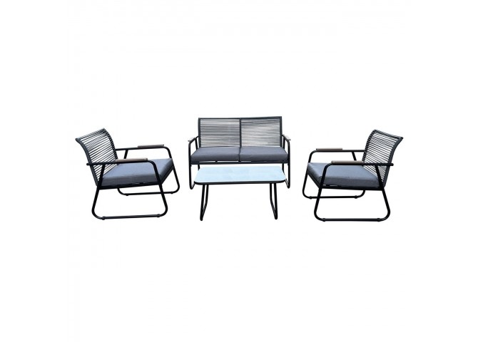 ROCCO Set (4pcs) Metal Black/Rope Wicker Grey/Cushions Dark Grey