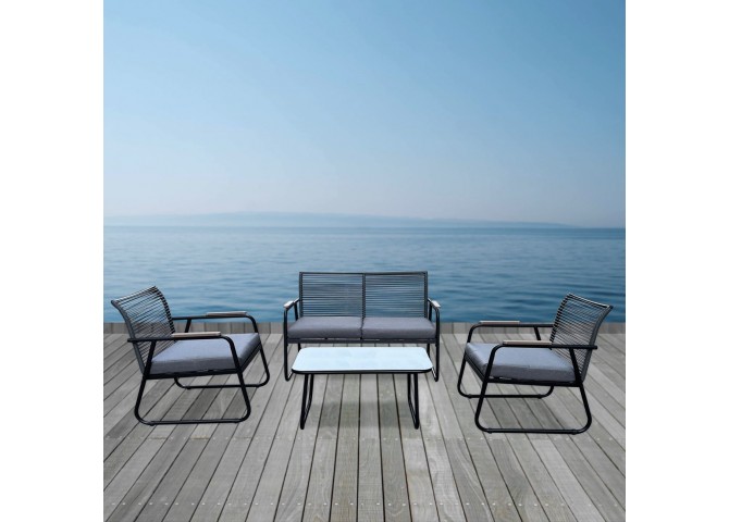 ROCCO Set (4pcs) Metal Black/Rope Wicker Grey/Cushions Dark Grey