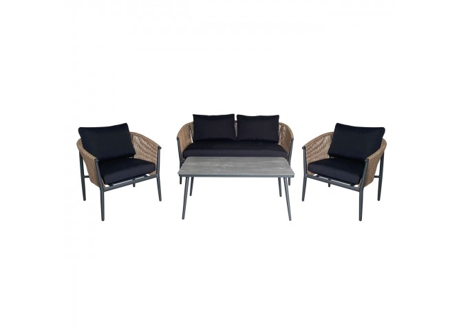 GASBA Set (4pcs) Alu Anthracite/Rope Wicker Natural/Cushions Dark Grey