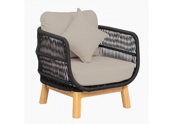 MARK Set (4pcs) Acacia Natural, Rope Wicker Black, Cushions Beige