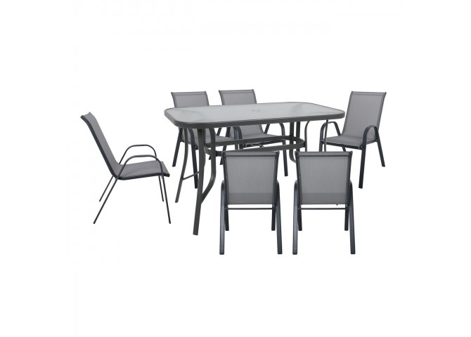 RIO Set (Table 160x90cm+6 Armchairs) Metal Dark Grey/Text.Grey