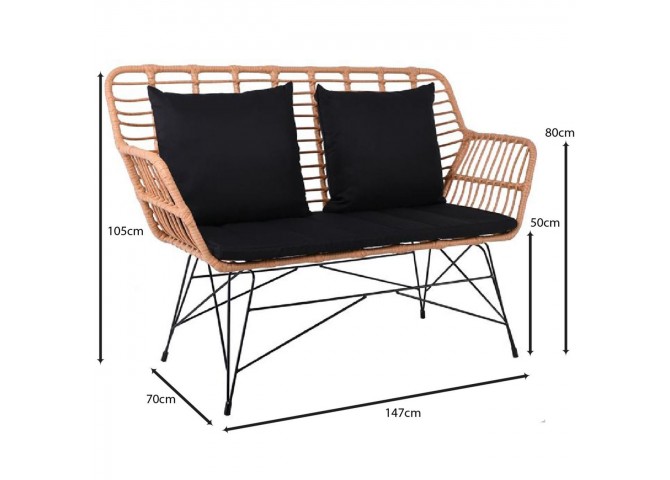 SALSA Καναπές Κήπου 2Θέσιος, Μέταλλο Βαφή Μαύρο, Wicker Φυσικό, Μαξιλάρι Μαύρο