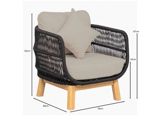 MARK Set (4pcs) Acacia Natural, Rope Wicker Black, Cushions Beige