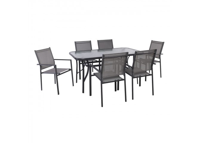 LANSON Set (Table 150x90+6 Armchairs) Metal Dark Grey/Textilene Grey