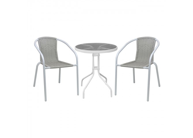 BALENO-W Set (Table D60cm+2 Armchairs) Metal White/Beige Wicker