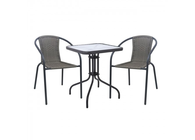 BALENO-W Set (Table 70x70cm+2 Armchairs) Metal Anthracite/Mixed Grey Wicker