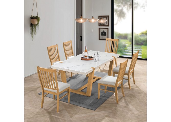 COMET Set (Table 200x100+6 Chairs) Natural, MDF White Marble, Fabric White