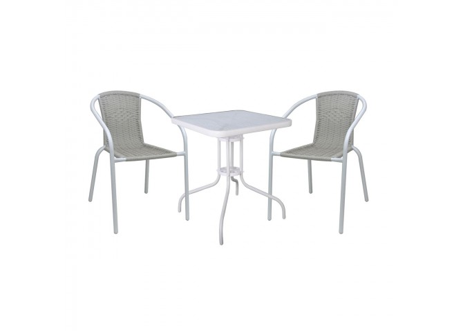 BALENO-W Set (Table 70x70cm+2 Armchairs) Metal White/Beige Wicker