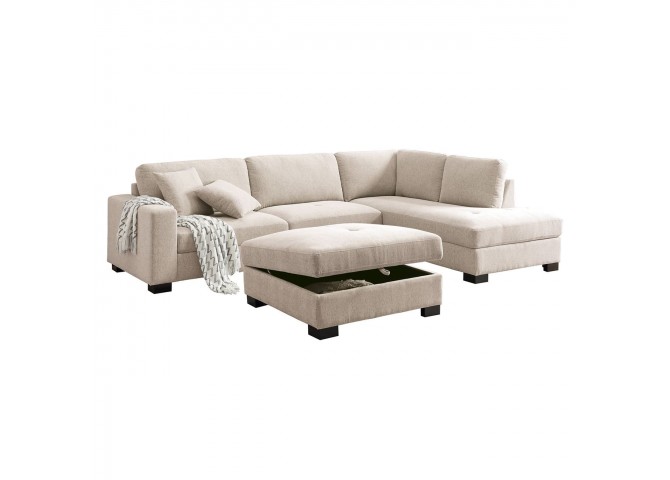 DORNO Right Facing Corner Sofa with Storage Ottoman, Fabric Beige