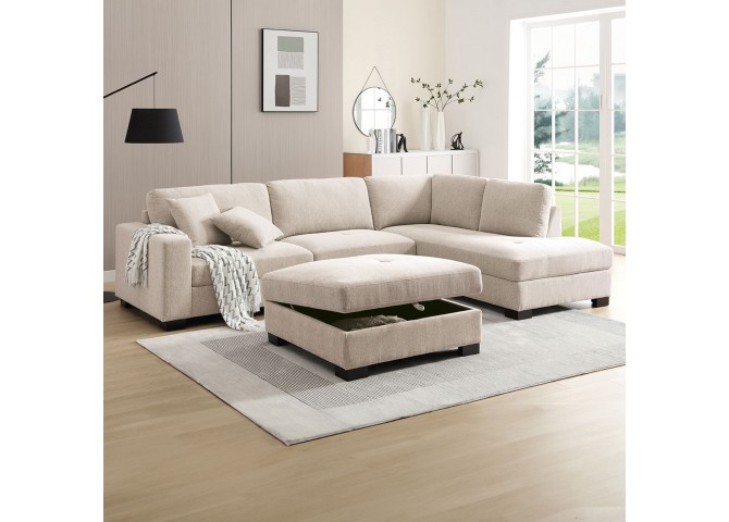 DORNO Right Facing Corner Sofa with Storage Ottoman, Fabric Beige