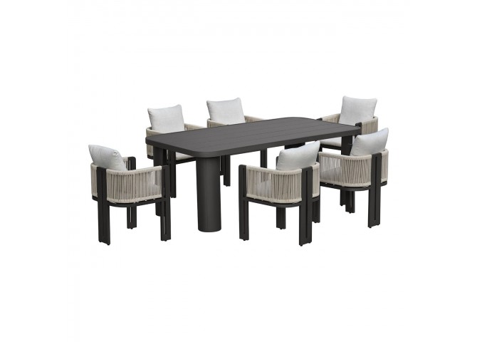 BOSTON Dining Set (Table 200x100cm+6 Armchairs) Alu Anthracite/Rope Wicker Beige