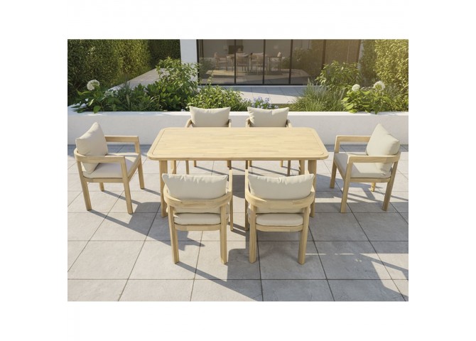 FLORIDA Dining Set (Table 180x90cm+6 Armchairs) Acacia, Cushions Beige