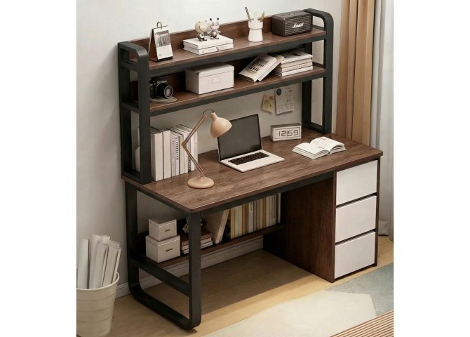 PC Metal Desk 3 Drawers/3 Shelves 120x50x74/147cm Black/Walnut